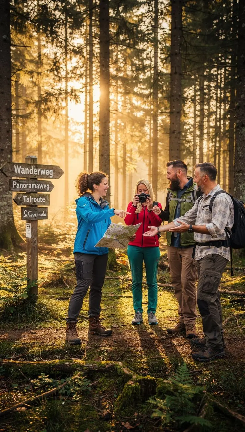 Familie, die ein Picknick im Freien genießt, umgeben von blühenden Blumen und Bäumen.